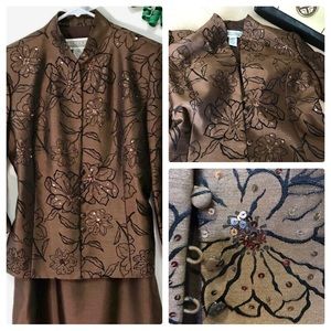 J Howard Maxi 2-piece Dress Set. Brown Black Floral Sequin Blazer. Sz 8 Sparkle